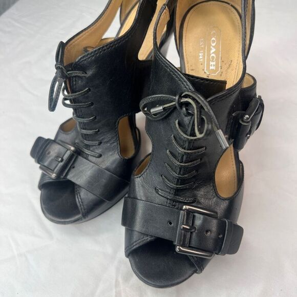 Coach Heels Leather Sofia Sandals Black Buckles Lace Up Sexy Size 7 - Picture 6 of 7